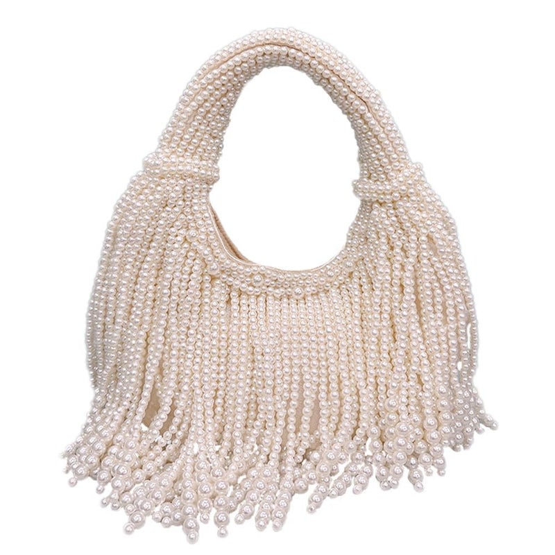 CUXVA Women Pearl Beaded Clutch Purse Luxury Crescent Tassel Evening Handbag for Wedding Party Prom - Image 1