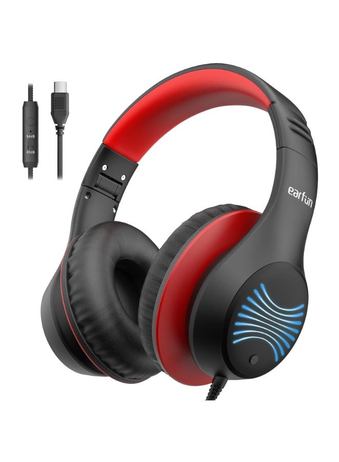 سماعات الأطفال EarFun K3، سماعات سلكية للأطفال مع ميكروفونات، صوت ستيريو مع إضاءة LED، حد صوت 85/94dB، كابل USB-C، سماعات فوق الأذن للمدرسة/اللوحي/الأولاد/الفتيات، أسود
