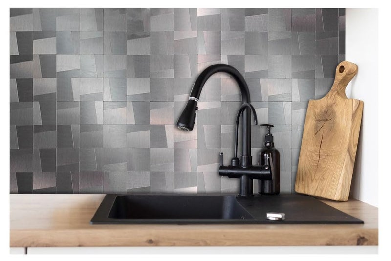 XUANINY 10-Sheet Peel and Stick Metal Backsplash Tiles, Self Adhesive Brushed Aluminum Subway 3D Wall Sticker for Kitchen Bathroom (10, Light Black Brushed) - Image 5