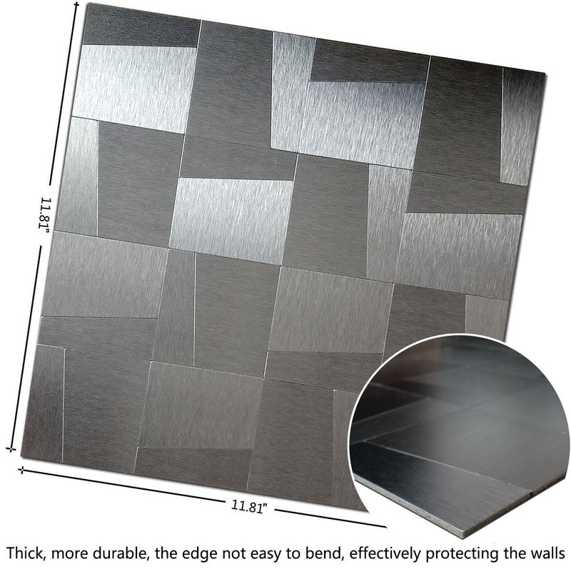 XUANINY 10-Sheet Peel and Stick Metal Backsplash Tiles, Self Adhesive Brushed Aluminum Subway 3D Wall Sticker for Kitchen Bathroom (10, Light Black Brushed) - Image 2