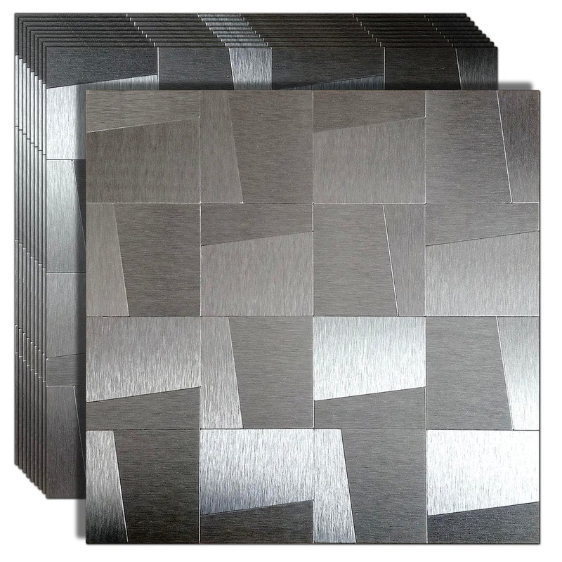 XUANINY 10-Sheet Peel and Stick Metal Backsplash Tiles, Self Adhesive Brushed Aluminum Subway 3D Wall Sticker for Kitchen Bathroom (10, Light Black Brushed) - Image 1