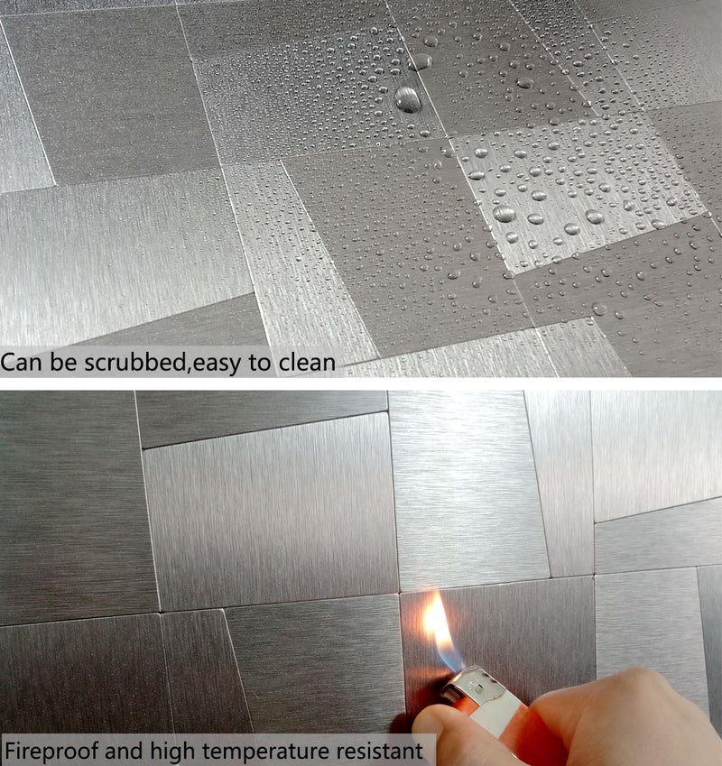 XUANINY 10-Sheet Peel and Stick Metal Backsplash Tiles, Self Adhesive Brushed Aluminum Subway 3D Wall Sticker for Kitchen Bathroom (10, Light Black Brushed) - Image 3