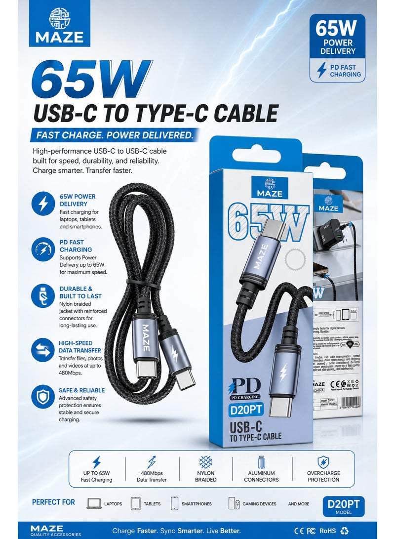 ميذ كابل USB-C إلى USB-C للشحن السريع بقوة 65 واط – يدعم تقنية الشحن السريع (PD) ونقل البيانات بسرعة 480 ميجابت في الثانية، يتميز بتصميم متين ومجدول من النايلون ومقاوم للانحناء، بطول 1 متر، ومتوافق مع الهواتف الذكية والأجهزة اللوحية وأجهزة الكمبيوتر المحمولة. - Image 2