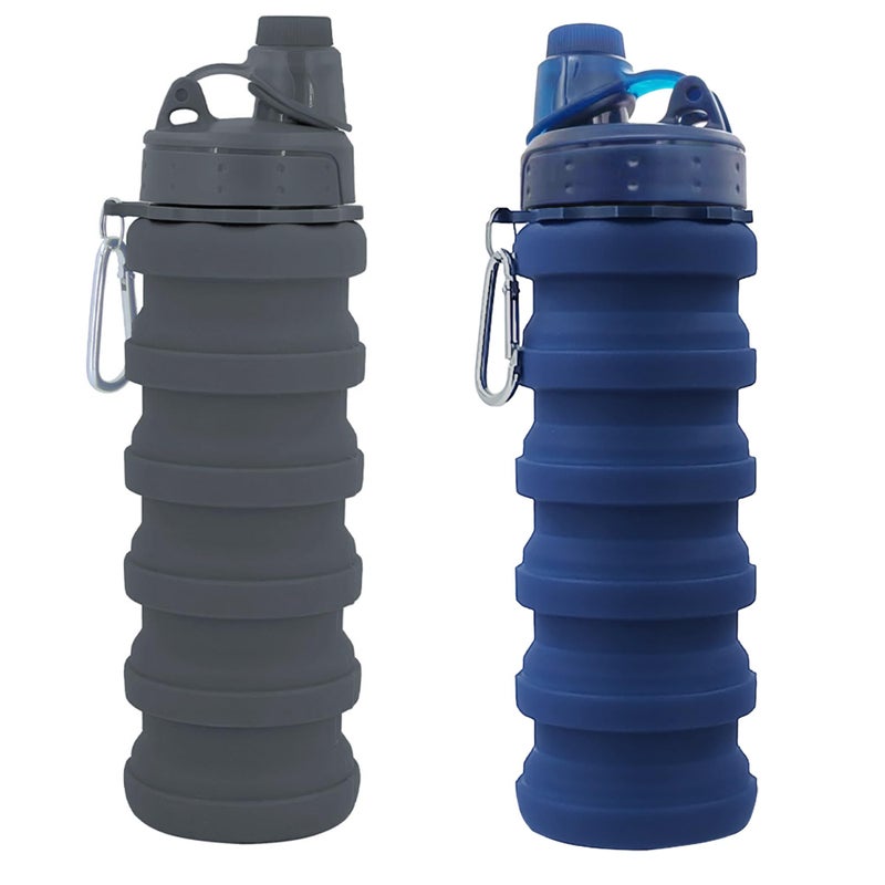 YCTMALL Collapsible Water Bottles Two Pack Travel Sports Portable Sport Water Bottle comes with mountaineering Buckle 500ml silicone Water-proof camping water bottle (Dark blue and Grey Color) - Image 1
