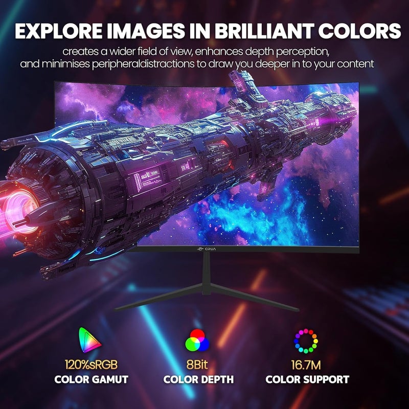 CRUA 32" inch Curved 1800R Gaming Monitor 200Hz FHD(1920x1080) Screen 1080P 120% sRGB FreeSync Fast 1ms(GTG) Suitable for e-sports games, home office, and entertainment - Image 5