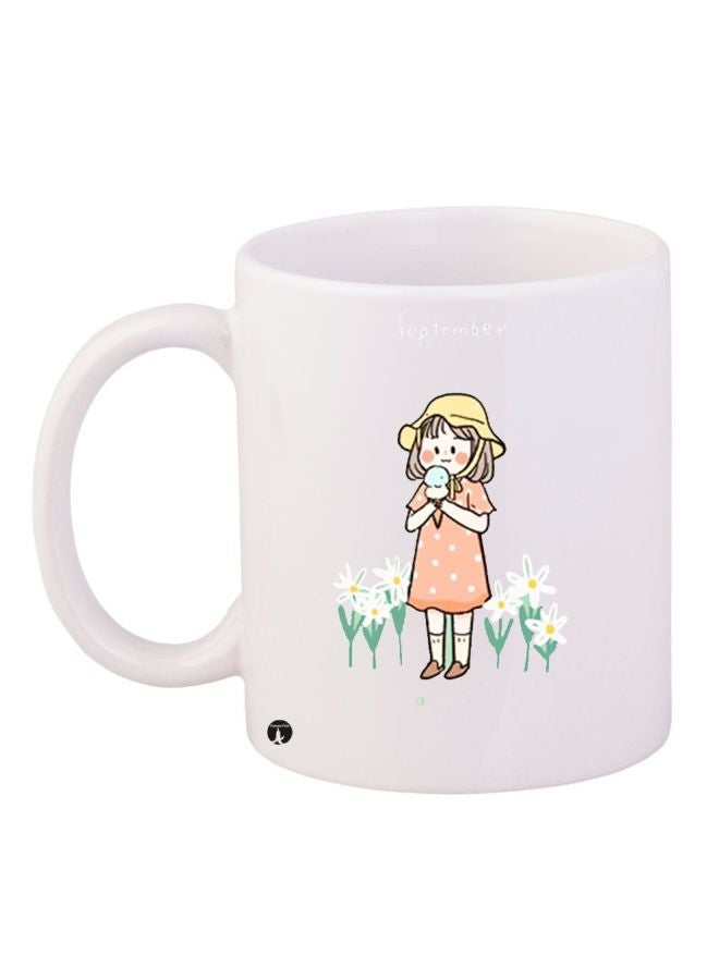 RYN Cartoon Girl Printed Coffee Mug White/Orange/Green 11ounce