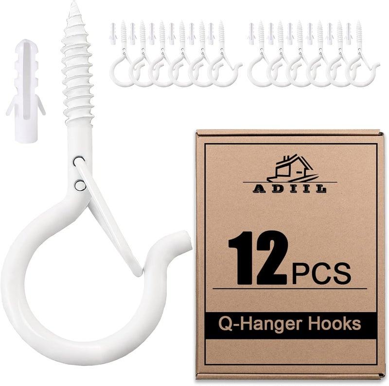 ADIIL 12 PCS Q Hanger Hooks with Safety Buckle, Windproof Screw Hooks for Hanging Outdoor String Lights, Plants, Christmas Patio Lights, 2.2 Inches, White - Image 1
