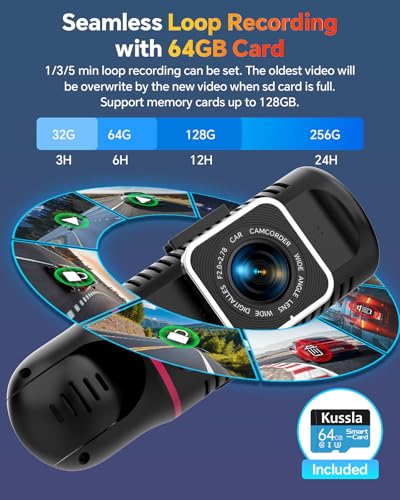 Kussla Dash Cam Front and Rear Inside, 1080P 3 Channel Dash Camera for Cars with 64GB Card, Super Night Vision Dashcam, Car Camera with Loop Recording, G-Sensor, WDR, 24H Parking Monitor - Image 5