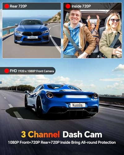 Kussla Dash Cam Front and Rear Inside, 1080P 3 Channel Dash Camera for Cars with 64GB Card, Super Night Vision Dashcam, Car Camera with Loop Recording, G-Sensor, WDR, 24H Parking Monitor - Image 2