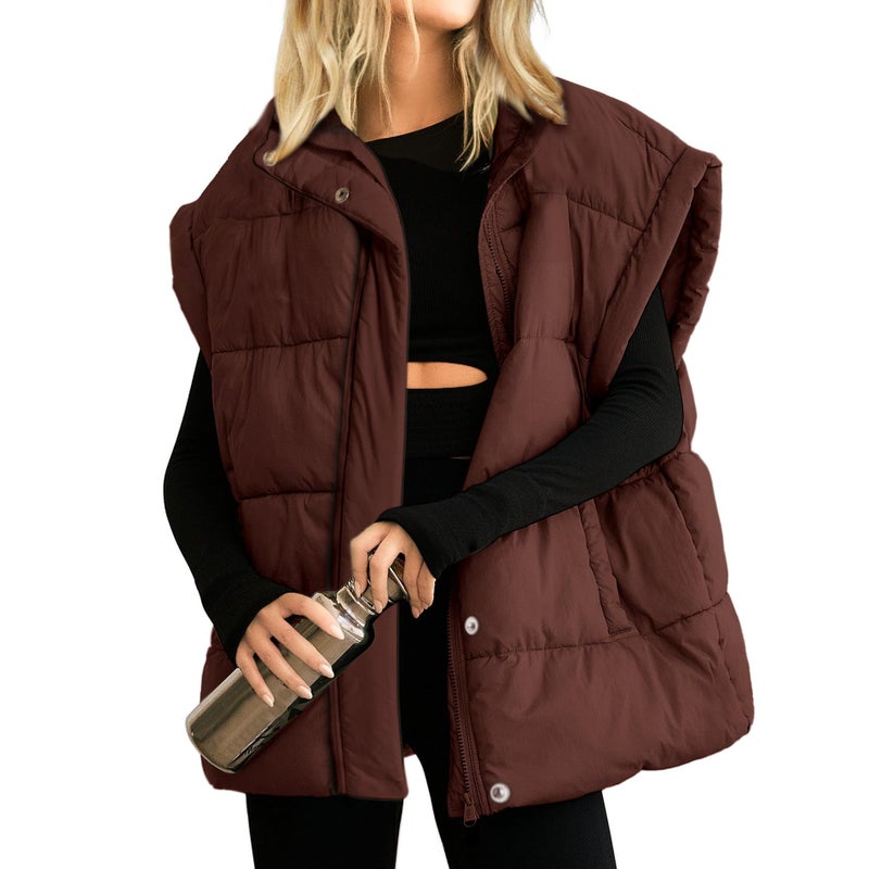Songling Womens Oversized Puffer Vest Stand Collar Full Zip Sleeveless Bubble Puffer Vest Quilted Padded Warm Coat Outwear (Brown,M) - Image 1