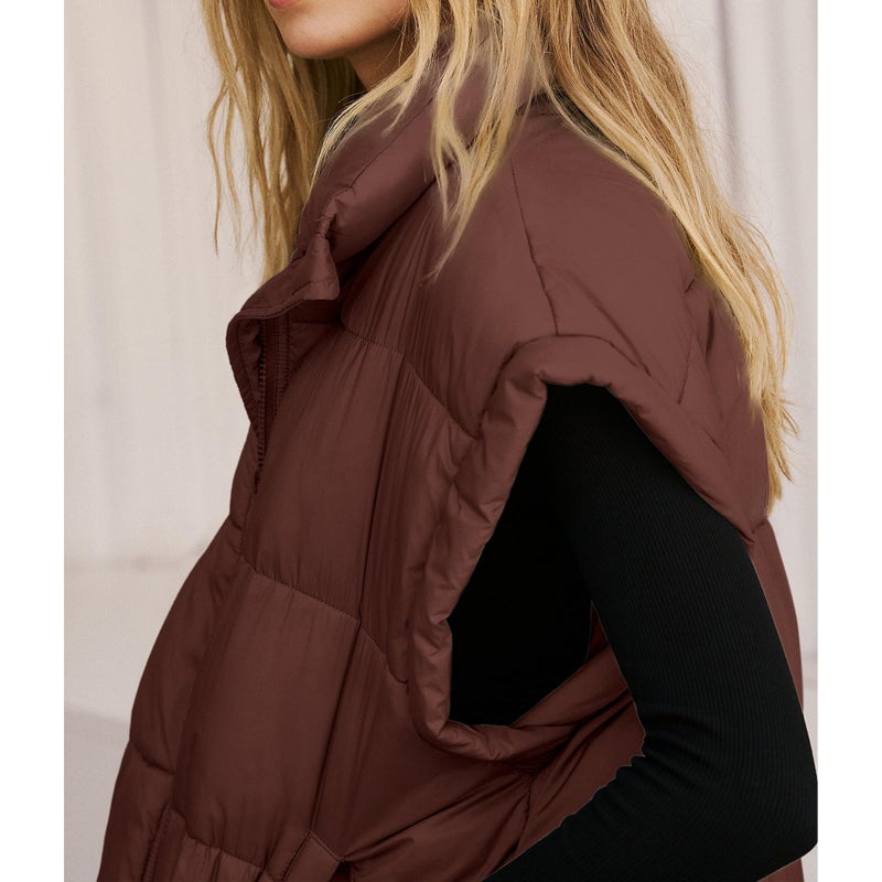 Songling Womens Oversized Puffer Vest Stand Collar Full Zip Sleeveless Bubble Puffer Vest Quilted Padded Warm Coat Outwear (Brown,M) - Image 2