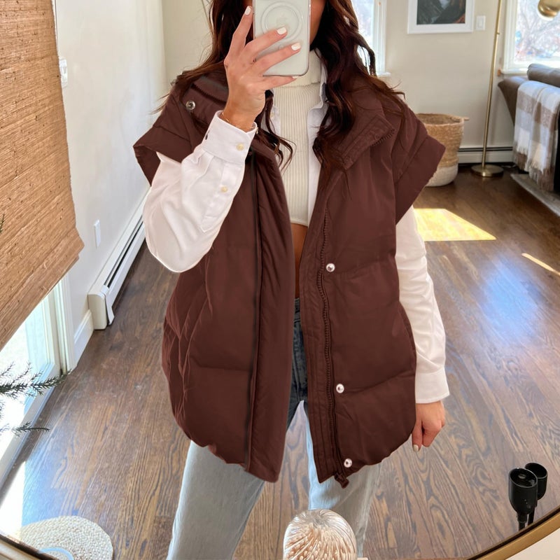 Songling Womens Oversized Puffer Vest Stand Collar Full Zip Sleeveless Bubble Puffer Vest Quilted Padded Warm Coat Outwear (Brown,M) - Image 3