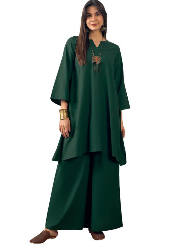 InWeave DARK GREEN V NECK LONG FULL SLEEVE KURTA PALAZZO SET - Image 1