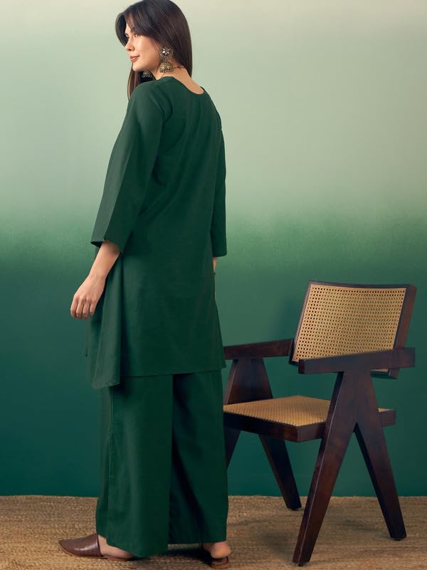 InWeave DARK GREEN V NECK LONG FULL SLEEVE KURTA PALAZZO SET - Image 3