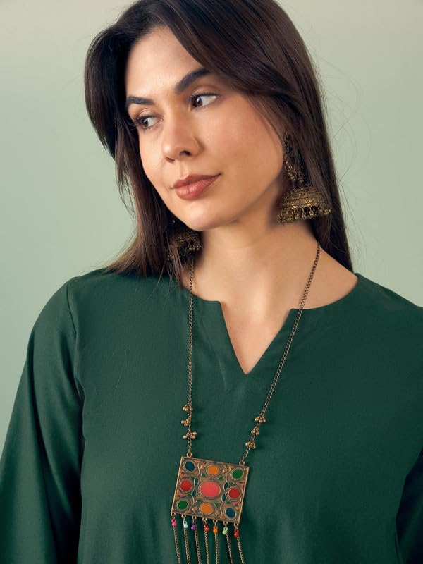 InWeave DARK GREEN V NECK LONG FULL SLEEVE KURTA PALAZZO SET - Image 4