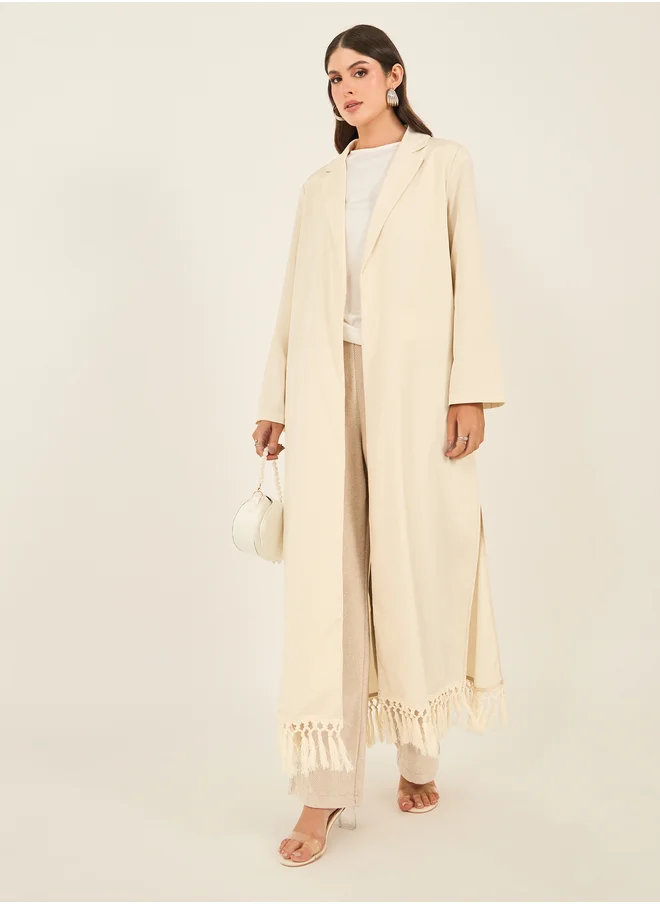 Styli Regular Fit Collared Kimono with Fringe Trim
