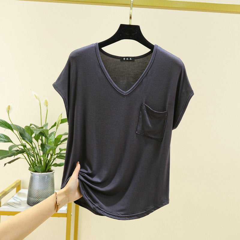 All-Match Loose V-Neck Pocket Short-Sleeve T-Shirt Women'S Summer Thin Single-Wear Top Slim-Fit Solid Color Inner Base Shirt - Image 4