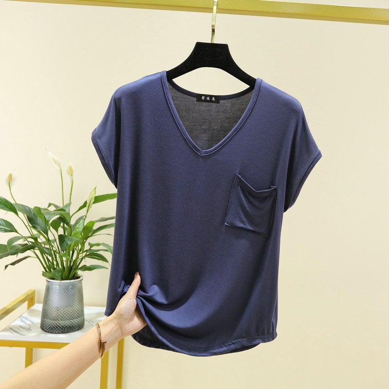 All-Match Loose V-Neck Pocket Short-Sleeve T-Shirt Women'S Summer Thin Single-Wear Top Slim-Fit Solid Color Inner Base Shirt - Image 3