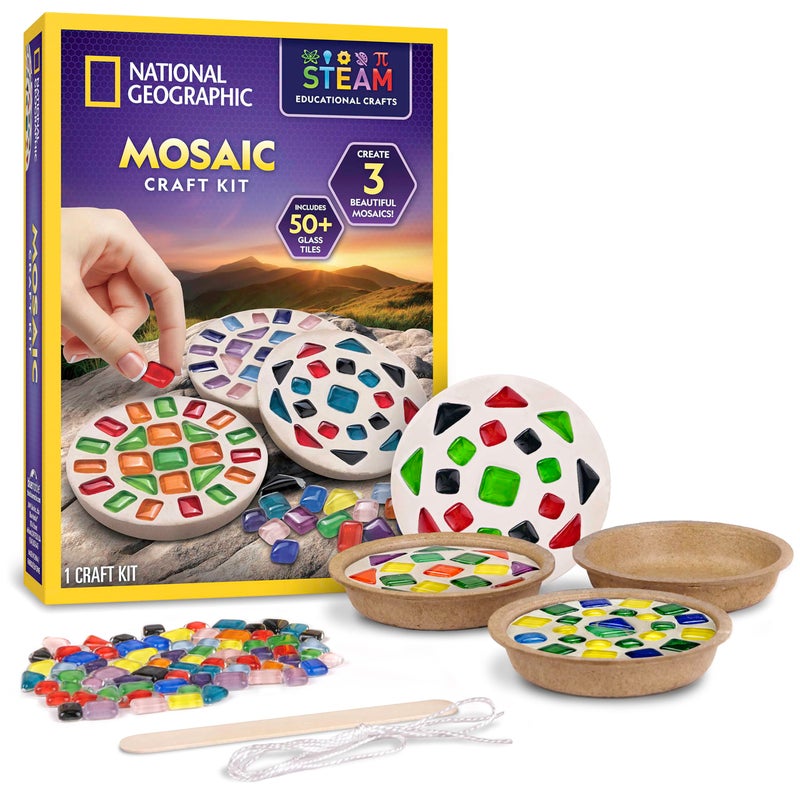 Blue Marble National Geographic Mosaic Arts and Crafts Kit for Kids - Mosaic Kit for Creating 3 Glass Tile Mosaic Art Projects, Includes Glass Tiles, Templates, Plaster & More, Art Supplies, Mosaic Kits for Kids - Image 1