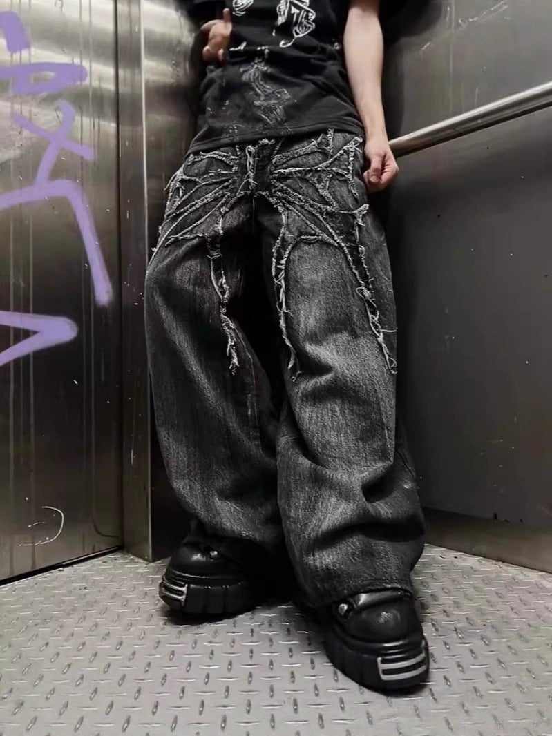 European and American Hip-Hop Gothic Street Loose Jeans Men's Autum Retro Splicing Patches Distressed Wide-Leg Long Pants