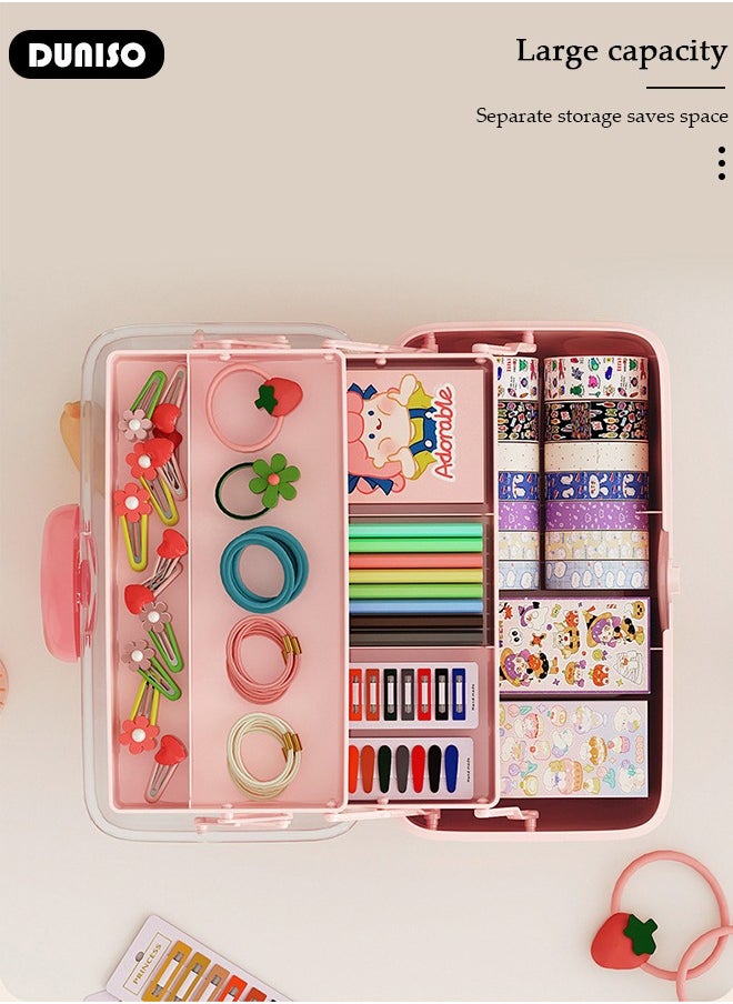 DUNISO - Three-Layer Clear Plastic Storage Box,Folding Tool Box,Multipurpose Stationery Storage Box With Hidden Handle,Large Capacity Storage Box for Hair accessories and cosmetics - Image 1