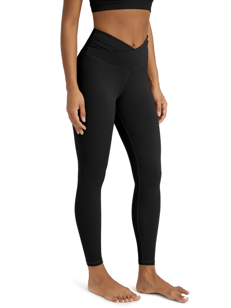 ODODOS Women's Cross Waist 7/8 Yoga Leggings with Inner Pocket, Inseam 25" Gathered Crossover Workout Yoga Pants, Black, Medium - Image 1