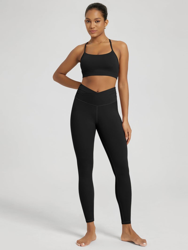 ODODOS Women's Cross Waist 7/8 Yoga Leggings with Inner Pocket, Inseam 25" Gathered Crossover Workout Yoga Pants, Black, Medium - Image 2