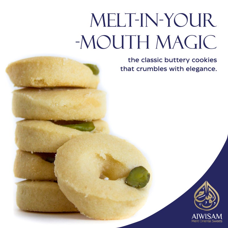 Al Wissam 200g Arabic Cookies Ghriba  – Traditional Middle Eastern Shortbread Biscuits – Ghuraibah & Ghuraiba Pistachio Cookies – Eid, Ramadan, and Festive Gift Box –  Baklawa Sweets - Image 4