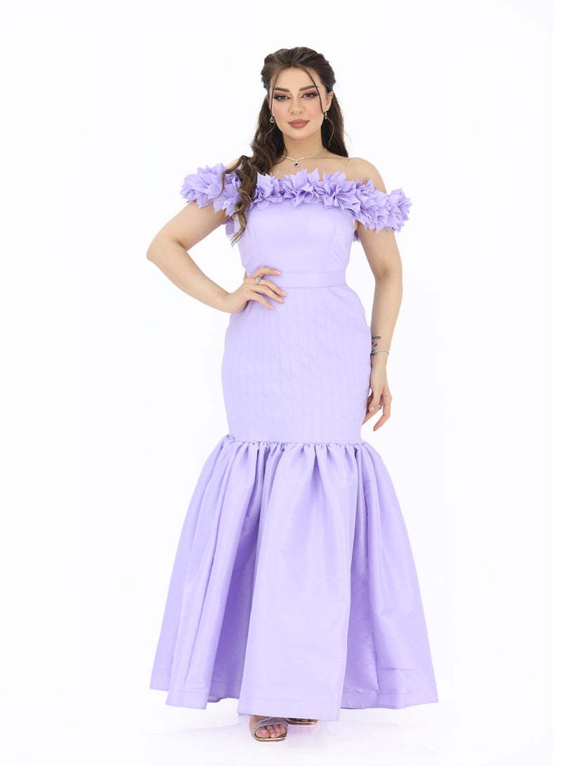 Modern Design Soft off-shoulder dress made of shantung material, with ruffles on the chest and sleeves, and a fishtail cut with pleats at the bottom of the dress. This dress is made of soft and luxurious shantung m  - Image 2