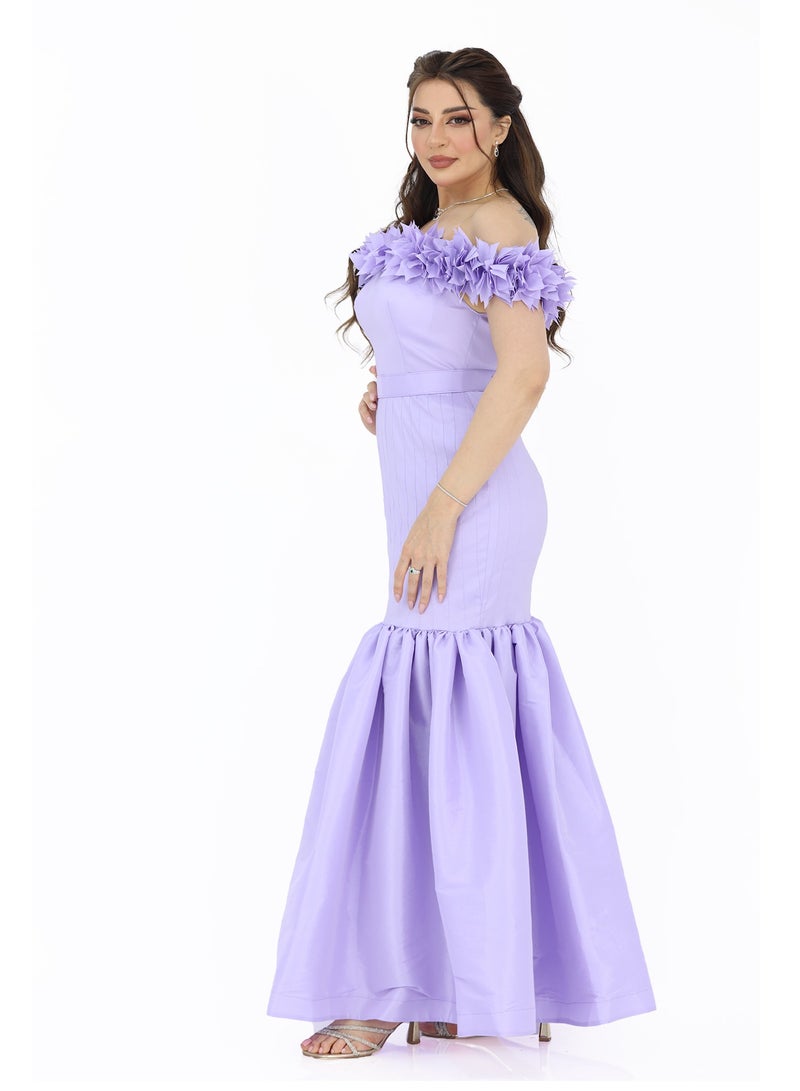 Modern Design Soft off-shoulder dress made of shantung material, with ruffles on the chest and sleeves, and a fishtail cut with pleats at the bottom of the dress. This dress is made of soft and luxurious shantung m  - Image 3