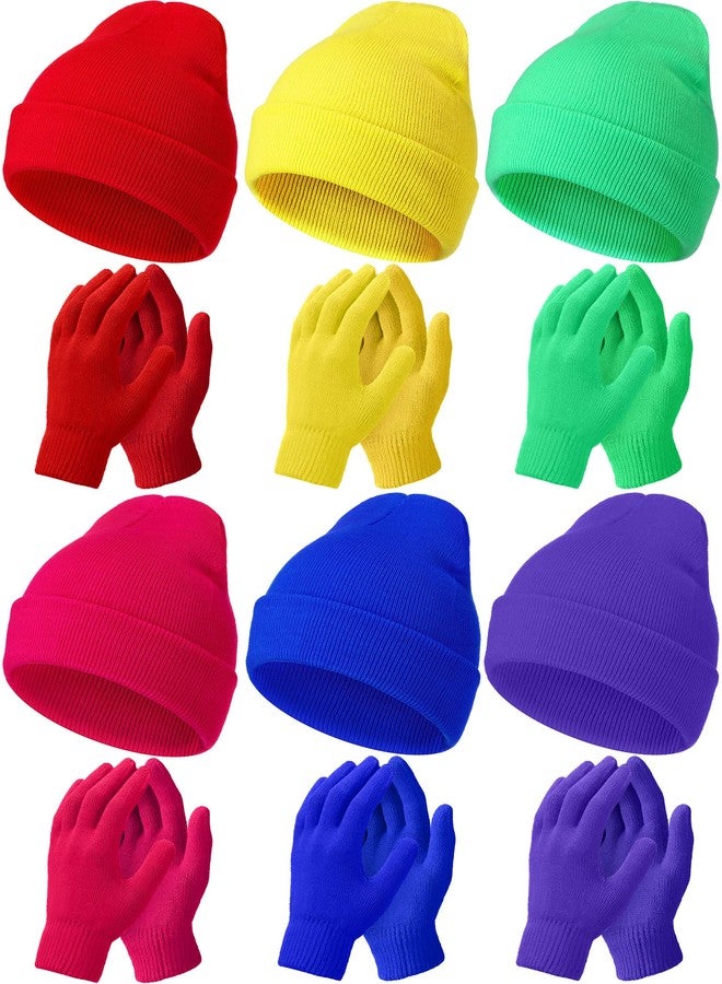 Handepo 12 Pcs Neon Beanies Gloves Set Warm Slouchy Beanie Cap Hats Unisex Knit Thermal Winter Gloves for Boys Girls - Image 1