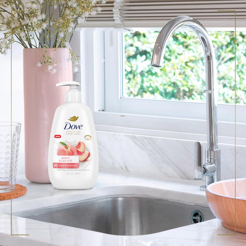 Dove Advanced Care Hand Wash Peach & Rice Milk 4 Count for Washing Away Dirt & Germs While Nourishing Skin 10 Layers Deep, with Moisture Boost 5X Complex - Image 4