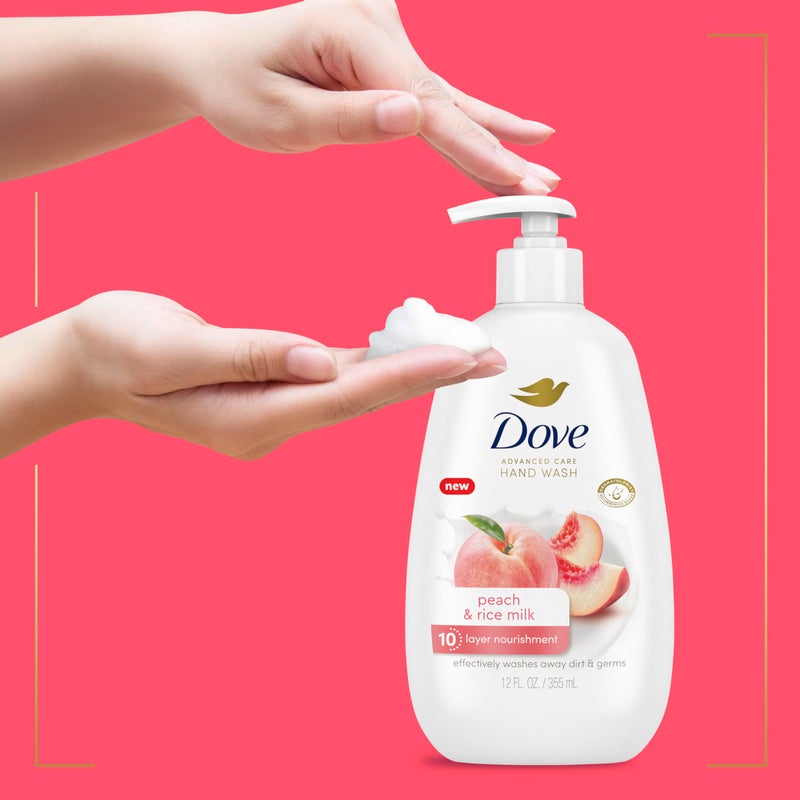 Dove Advanced Care Hand Wash Peach & Rice Milk 4 Count for Washing Away Dirt & Germs While Nourishing Skin 10 Layers Deep, with Moisture Boost 5X Complex - Image 5