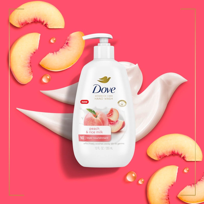 Dove Advanced Care Hand Wash Peach & Rice Milk 4 Count for Washing Away Dirt & Germs While Nourishing Skin 10 Layers Deep, with Moisture Boost 5X Complex - Image 3
