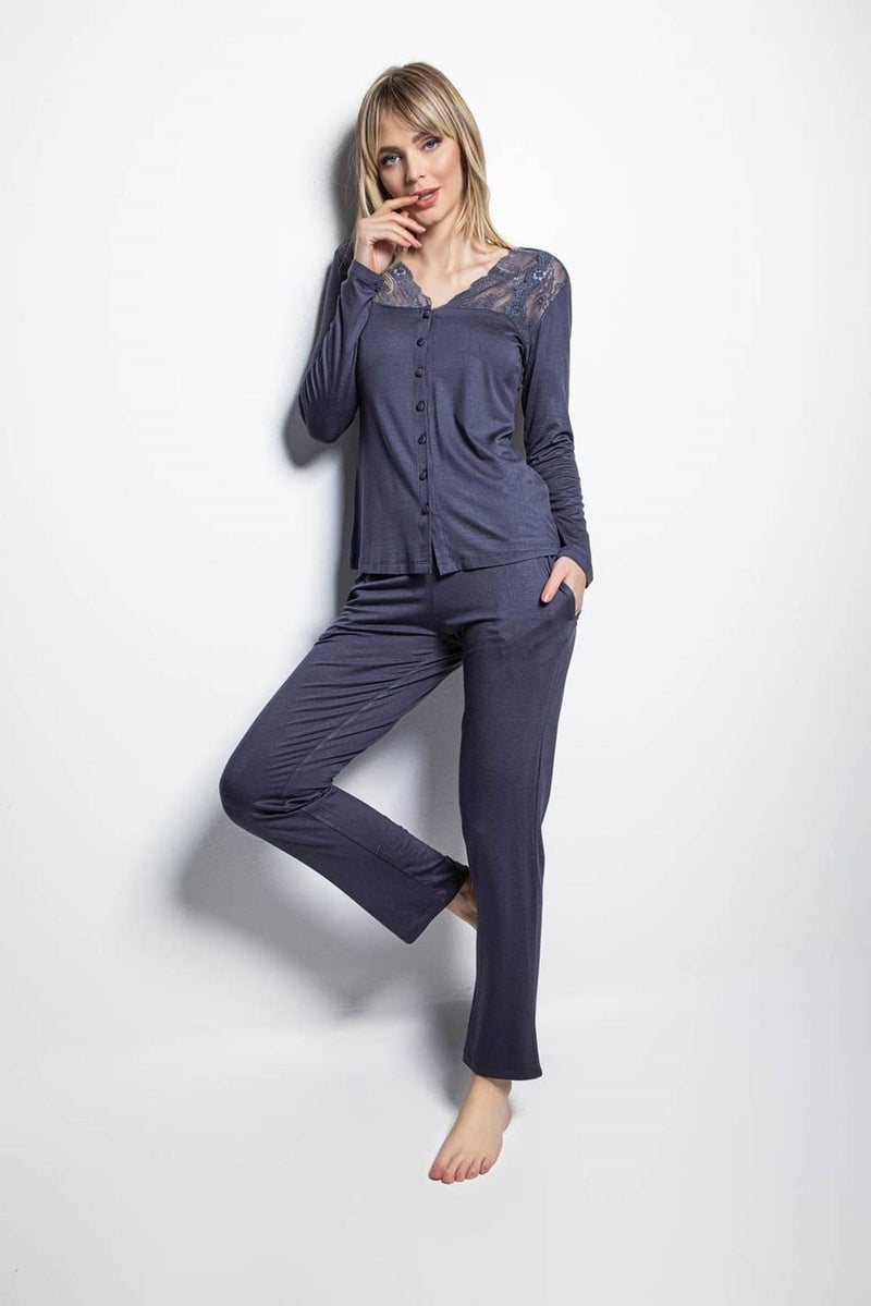 Monamise 18209 Long Sleeve Pajama Set - Navy Blue 