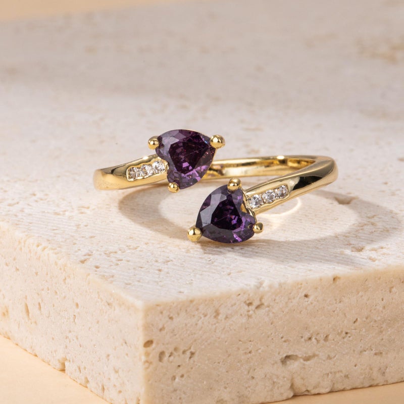 Yaresul Adjustable Amethyst Ring for Women Heart Promise Ring 14K Gold Plated February Birthstone Women Open Ring Stackables Statement - Image 3