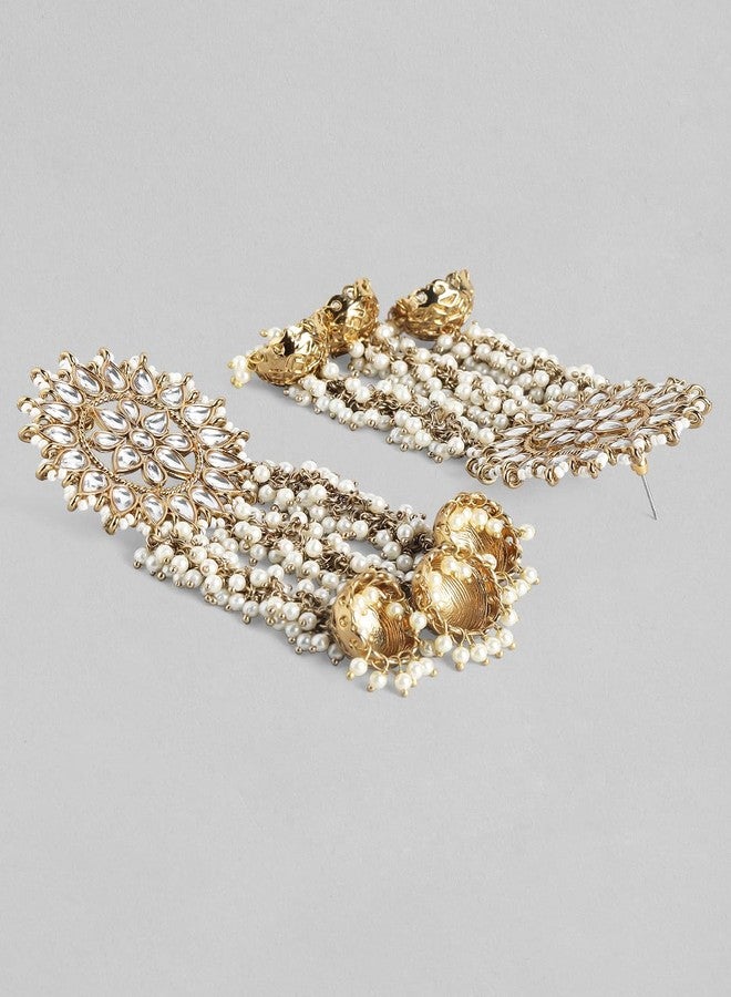Rubans Women's Gold Plated Handcrafted Kundan With Pearls Embellished Multi Jhumka Earrings - Image 2