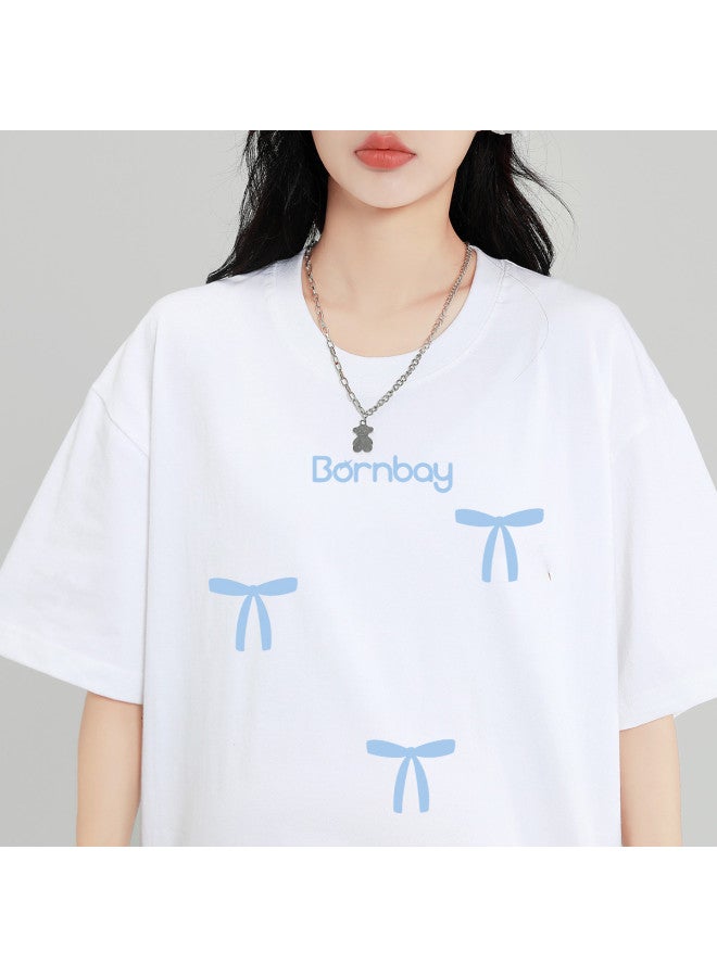 Bornbay Maternity Short Sleeve Summer T-shirt - Thin & Breathable Bowknot Letter Print Oversized Loose Top For Pregnant Women - Image 3