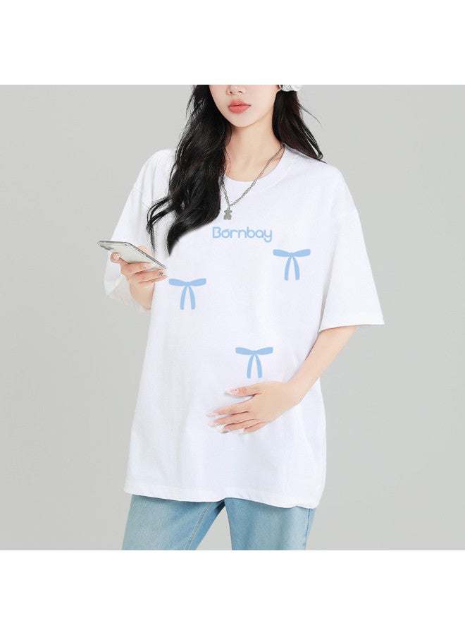 Bornbay Maternity Short Sleeve Summer T-shirt - Thin & Breathable Bowknot Letter Print Oversized Loose Top For Pregnant Women - Image 2