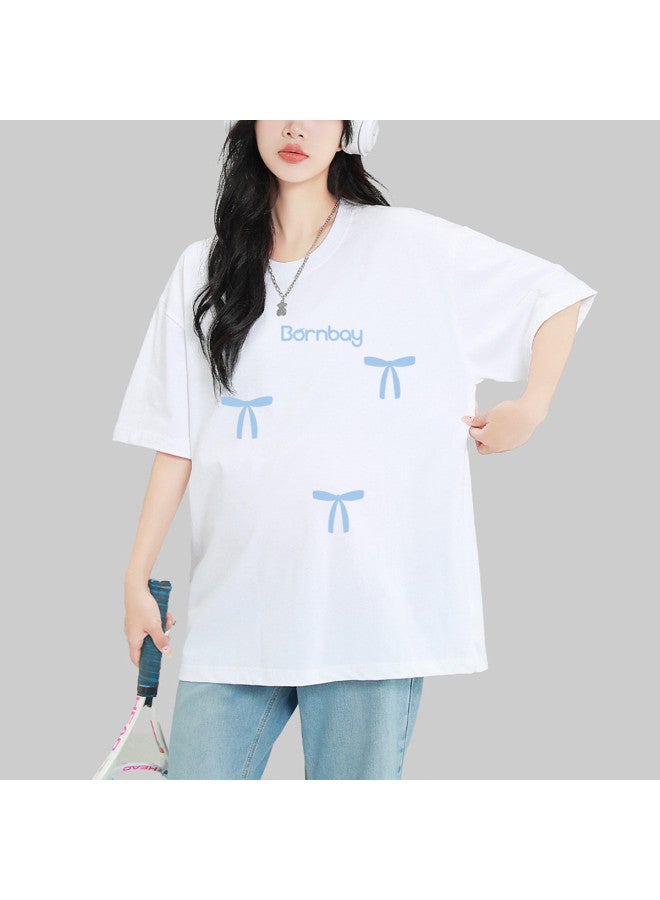 Bornbay Maternity Short Sleeve Summer T-shirt - Thin & Breathable Bowknot Letter Print Oversized Loose Top For Pregnant Women - Image 4