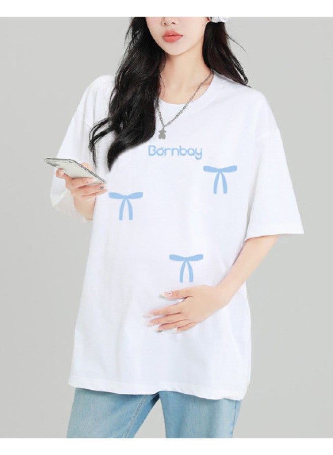 Bornbay Maternity Short Sleeve Summer T-shirt - Thin & Breathable Bowknot Letter Print Oversized Loose Top For Pregnant Women - Image 1