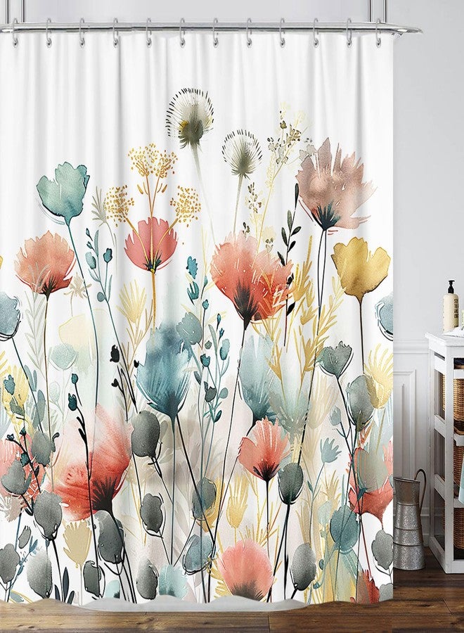 GOAOK Rustic Boho Floral Shower Curtain, Bright Colorful Watercolor Flower Botanical Shower Curtain, Cute Minimalist Aesthetic Floral Bath Curtains with 12 Hooks, 72"×72" Blue Pink Sage Teal Cream Tan Grey - Image 1