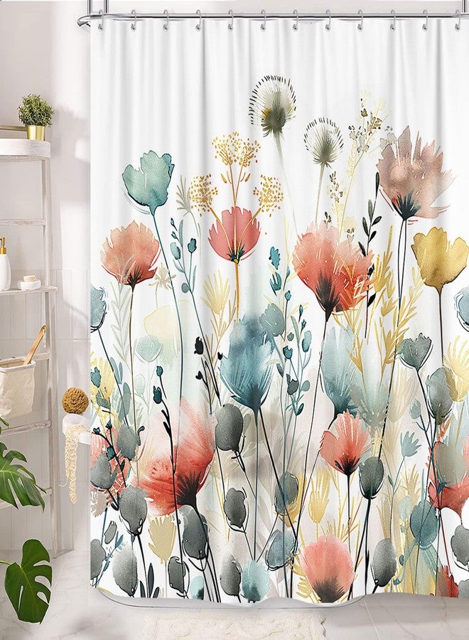 GOAOK Rustic Boho Floral Shower Curtain, Bright Colorful Watercolor Flower Botanical Shower Curtain, Cute Minimalist Aesthetic Floral Bath Curtains with 12 Hooks, 72"×72" Blue Pink Sage Teal Cream Tan Grey - Image 2