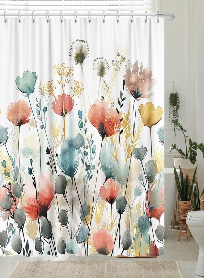 GOAOK Rustic Boho Floral Shower Curtain, Bright Colorful Watercolor Flower Botanical Shower Curtain, Cute Minimalist Aesthetic Floral Bath Curtains with 12 Hooks, 72"×72" Blue Pink Sage Teal Cream Tan Grey - Image 3