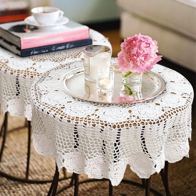 USTIDE 48-inch Handmade Crochet Cotton Tablecloth Round White Crochet Tablecloths Table Covers - Image 3