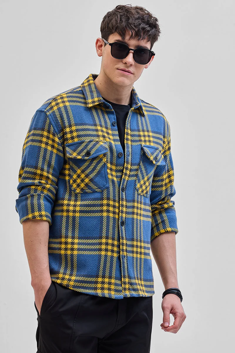 SNITCH Blue Checkered Long Sleeve Relaxed Casual Overshirt