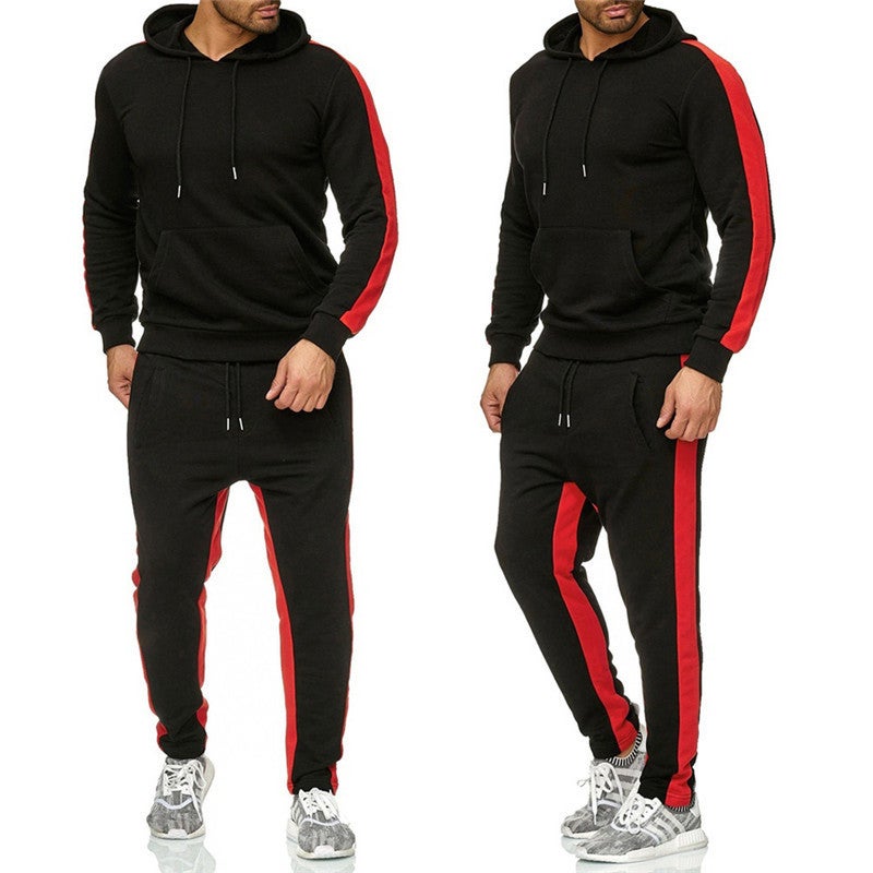 Striped Hoodie Tracksuit Mens Fitness Set Black - Image 1
