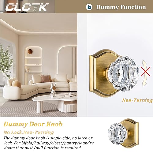CLCTK 2 Pack Crystal Glass Dummy Door Knobs, Non-Turning Single Side Dummy Door Knob for Interior Doors in Antique Brass - Image 4