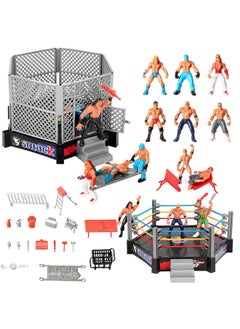HAPTIME 32Pcs Wrestling Toys For Kids, Wrestlers Playset With 12 Wrestling Action Figures, 2 Wrestling Ring, Many Realistic Accessories, Toy Figures & Playset Gift For 2 3 4 5 6 Boys Girls, Cool Cake Toppers  - Image 1