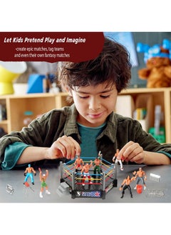 HAPTIME 32Pcs Wrestling Toys For Kids, Wrestlers Playset With 12 Wrestling Action Figures, 2 Wrestling Ring, Many Realistic Accessories, Toy Figures & Playset Gift For 2 3 4 5 6 Boys Girls, Cool Cake Toppers  - Image 3